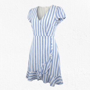 J.Crew Blue White Stripe Ruffle Wrap Mini Dress Cotton Size 2 Coastal Chic